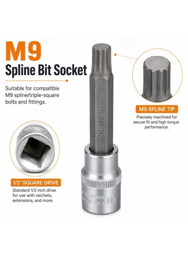 مقبس لقمة M9 Spline مقاس 1/2 بوصة، أداة مقبس معدنية ثلاثية مربعة بطول 4 بوصة CR-V للسقاطة وإصلاح السيارات وورش العمل والصيانة بنفسك - Image 3