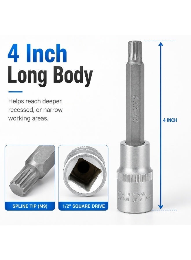 مقبس لقمة M9 Spline مقاس 1/2 بوصة، أداة مقبس معدنية ثلاثية مربعة بطول 4 بوصة CR-V للسقاطة وإصلاح السيارات وورش العمل والصيانة بنفسك - Image 4