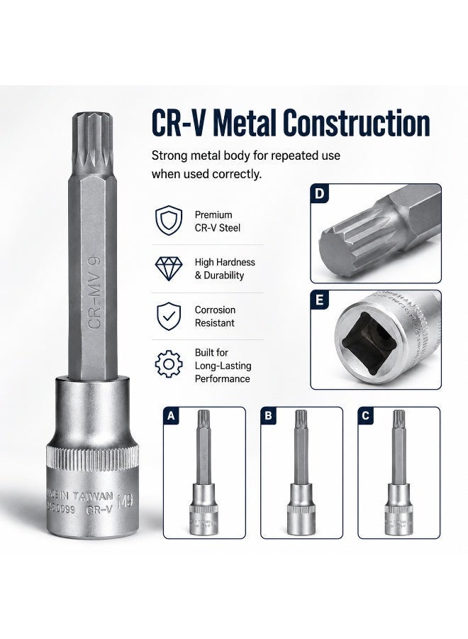 مقبس لقمة M9 Spline مقاس 1/2 بوصة، أداة مقبس معدنية ثلاثية مربعة بطول 4 بوصة CR-V للسقاطة وإصلاح السيارات وورش العمل والصيانة بنفسك - Image 5