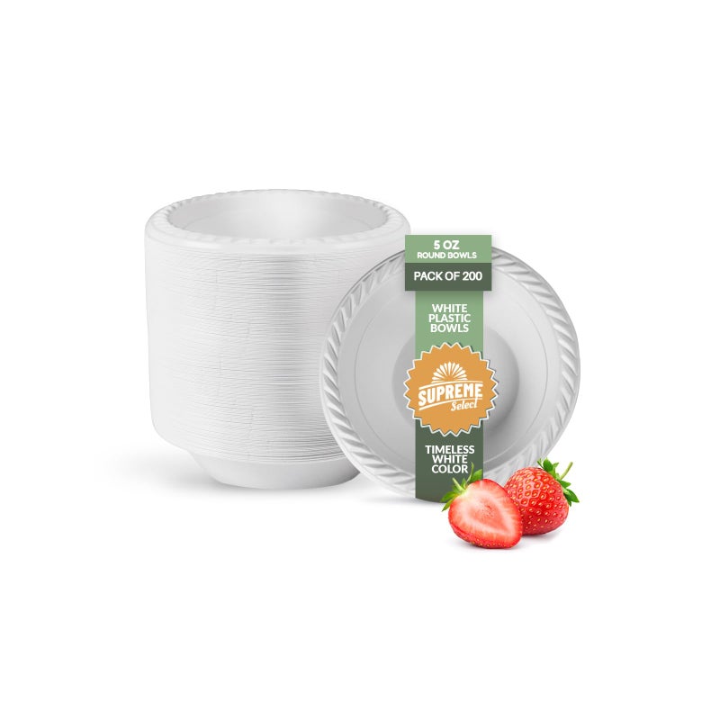 Supreme Select 200 Pack White Plastic Disposable Bowls - 5 Oz Bpa-Free Microwaveable Bowls With Rim For Soup  Salad  Dessert - Sturdy Disposable Plastic Bowls For Parties  Weddings  Kitchen Use - Image 1
