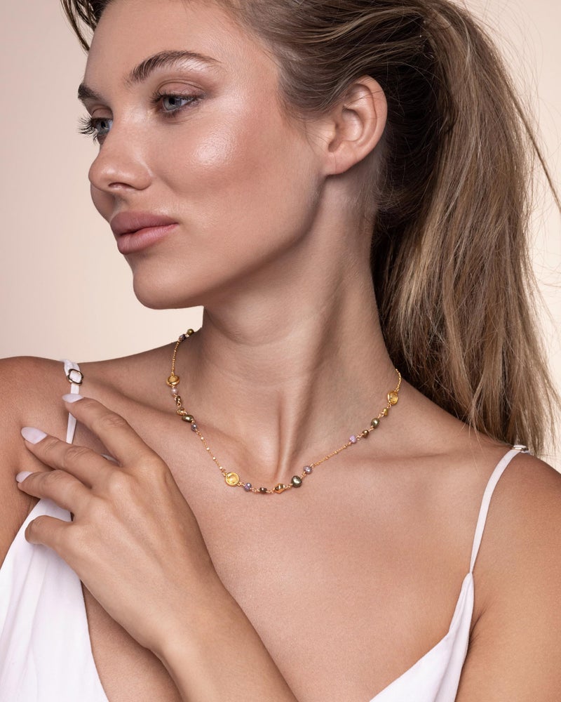 SNGIA 18K Gold Plated Light Yellow Green Brown Beaded Natural Stone Healing Statement Necklace Choker for Women by SNGIA, Colorful Bead Quartz Trendy Birthstone Jasper Gemstone Bohemian Preppy Retro Bold Handmade Exaggerated Jewelry Gifts, Vintage Unique Cute Baroque Crystal Pearl Opal necklace Summer Beach Fashion Nickle Free Rhinestone Accessories - Image 2