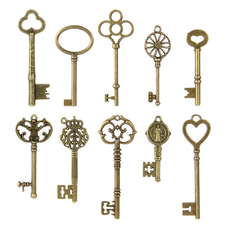 CHuangQi CHuangQi Vintage Skeleton Keys Set, Filigree Steampunk Keys, Antique Bronze Keys Charms Pendants, Double-sided, No Repetition (Pack of 10)  - Image 1