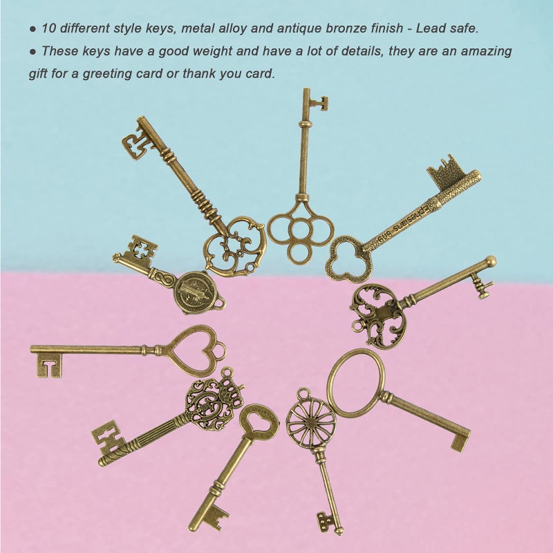 CHuangQi CHuangQi Vintage Skeleton Keys Set, Filigree Steampunk Keys, Antique Bronze Keys Charms Pendants, Double-sided, No Repetition (Pack of 10)  - Image 4