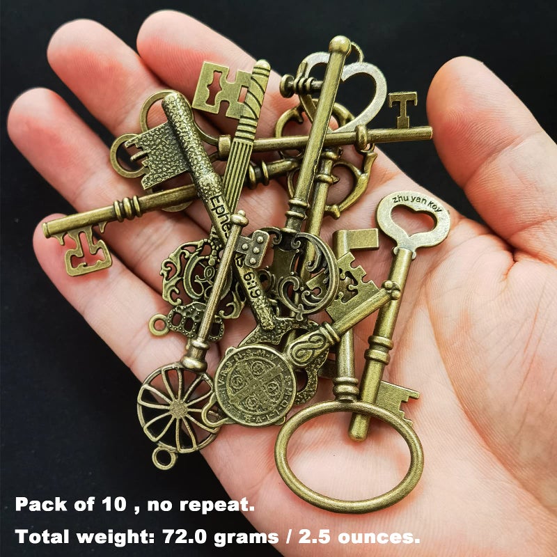 CHuangQi CHuangQi Vintage Skeleton Keys Set, Filigree Steampunk Keys, Antique Bronze Keys Charms Pendants, Double-sided, No Repetition (Pack of 10)  - Image 5