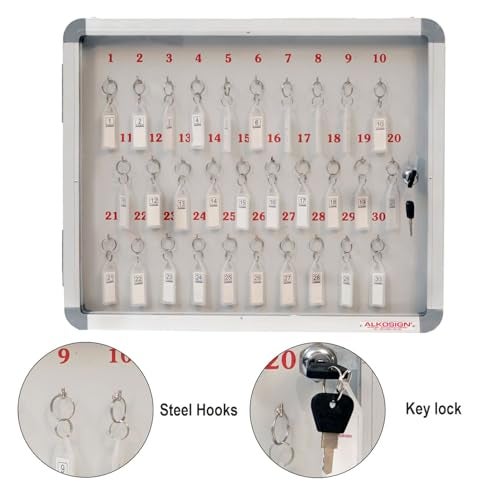 ALKOSIGN Key Cabinet for 30 Key-Chains with Laminated Back and Steel Fitted Hooks | Lockable Key Storage Box with Acrylic Cover for Industrial Use, Offices, Hotels - Image 3