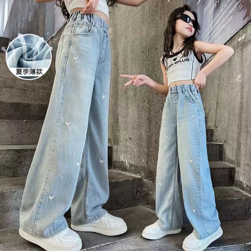 Children's Jeans - Light Blue Heart Embroidery Loose Wide Leg Pants - Image 2
