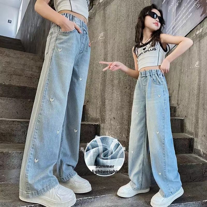 Children's Jeans - Light Blue Heart Embroidery Loose Wide Leg Pants - Image 1