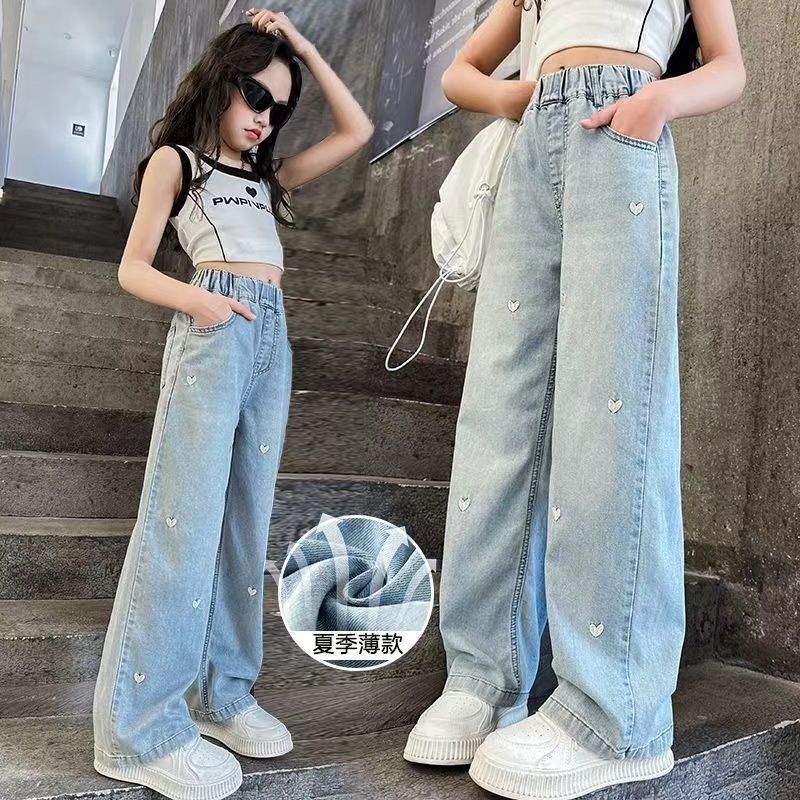 Children's Jeans - Light Blue Heart Embroidery Loose Wide Leg Pants - Image 3