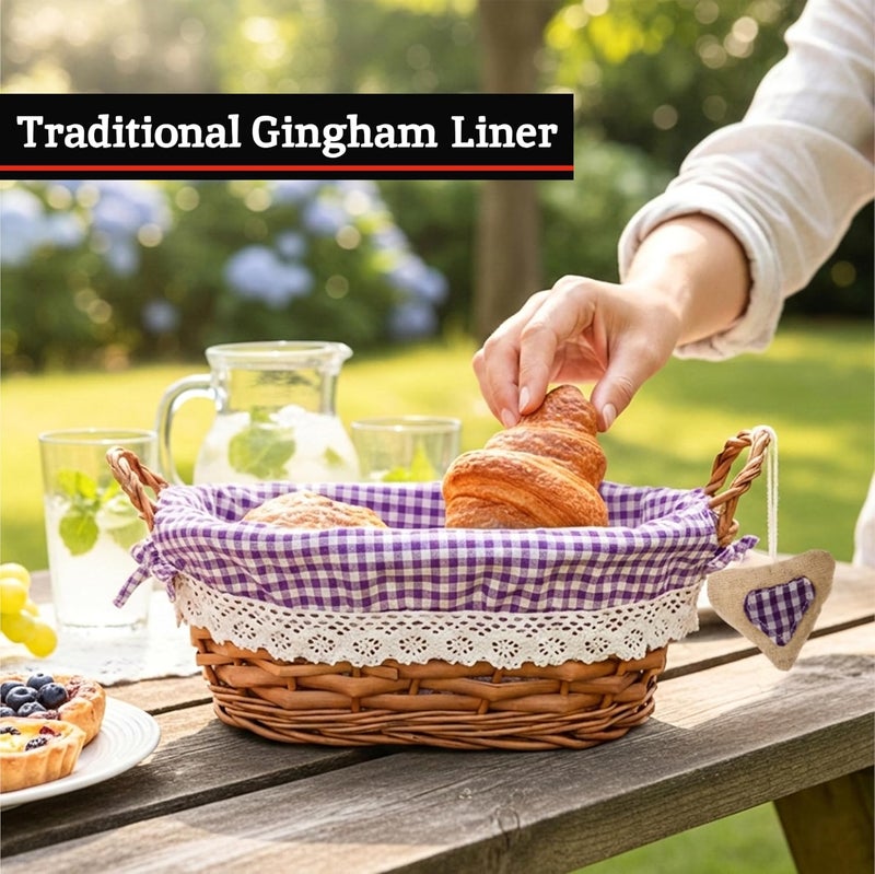 Premier Housewares Picnic Basket Bread Basket Wicker Basket Oval Hamper Baskets For Gifts Lining Woven Basket Purple H14x W27x D19 - Image 4