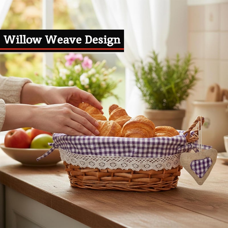 Premier Housewares Picnic Basket Bread Basket Wicker Basket Oval Hamper Baskets For Gifts Lining Woven Basket Purple H14x W27x D19 - Image 3