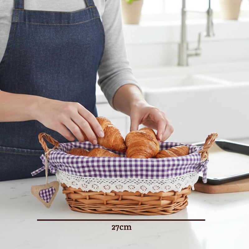 Premier Housewares Picnic Basket Bread Basket Wicker Basket Oval Hamper Baskets For Gifts Lining Woven Basket Purple H14x W27x D19 - Image 2