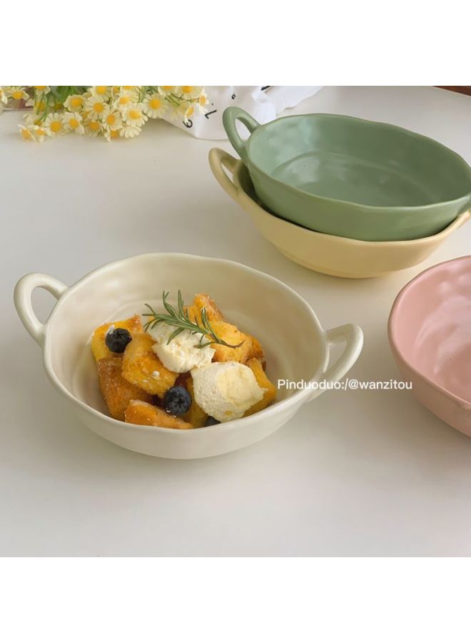 Ceramic Bakeware Ins Irregular Bowl Dormitory Students Easy To Clean Large Bowl Color Value Fruit Salah Bowl Household Tableware-Specification:By Default-Colour:[paired With A Spoon] Irregular Double-eared Bowl - Deepened Lotus Root Powder (the Spoon Has Color Difference) - Image 2