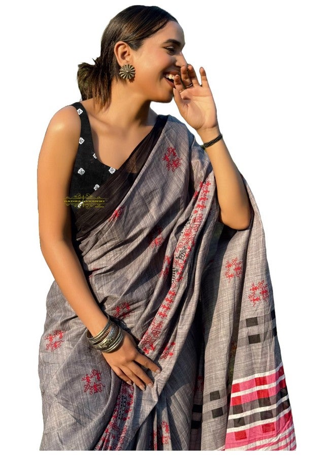 RADHA LAKSHMI ساري رادها لاكشمي من قطن مول الناعم بطباعة إيكات للنساء مع قطعة بلوزة - Image 1