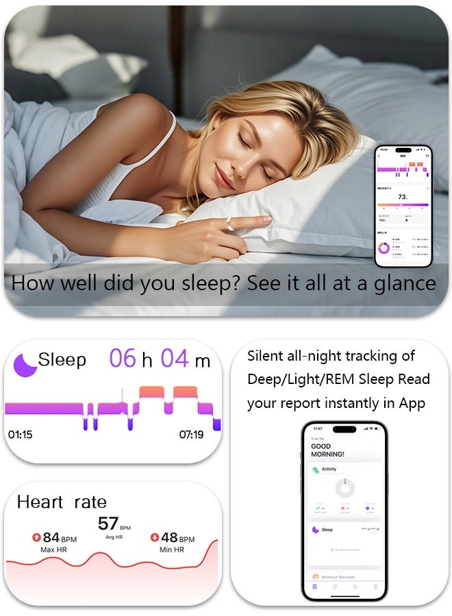Smart Ring, Health Tracker for Women Men, Fitness Tracker with Heart Rate, Blood Oxygen, Sleep Monitor, Calories, Step Counter, IP68 Waterproof Smart Ring for iPhone  Android, No Subscription Fee (Gold, 8#) - Image 2