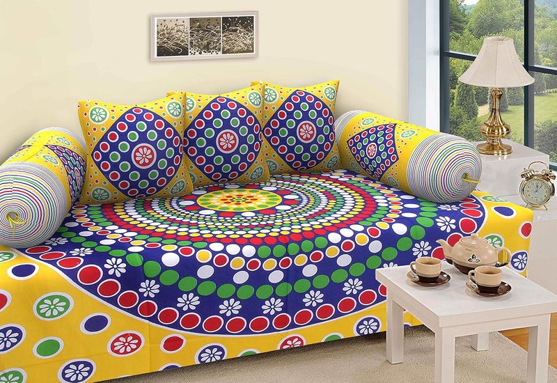 RajasthaniKart راجاستانيكارت تقليدي 6 قطع مجموعة ديوان، طقم مفارش سرير قطني نقي أصفر، 1 غطاء سرير مفرد، 3 أغطية وسائد، 2 أغطية دعامة - Image 1