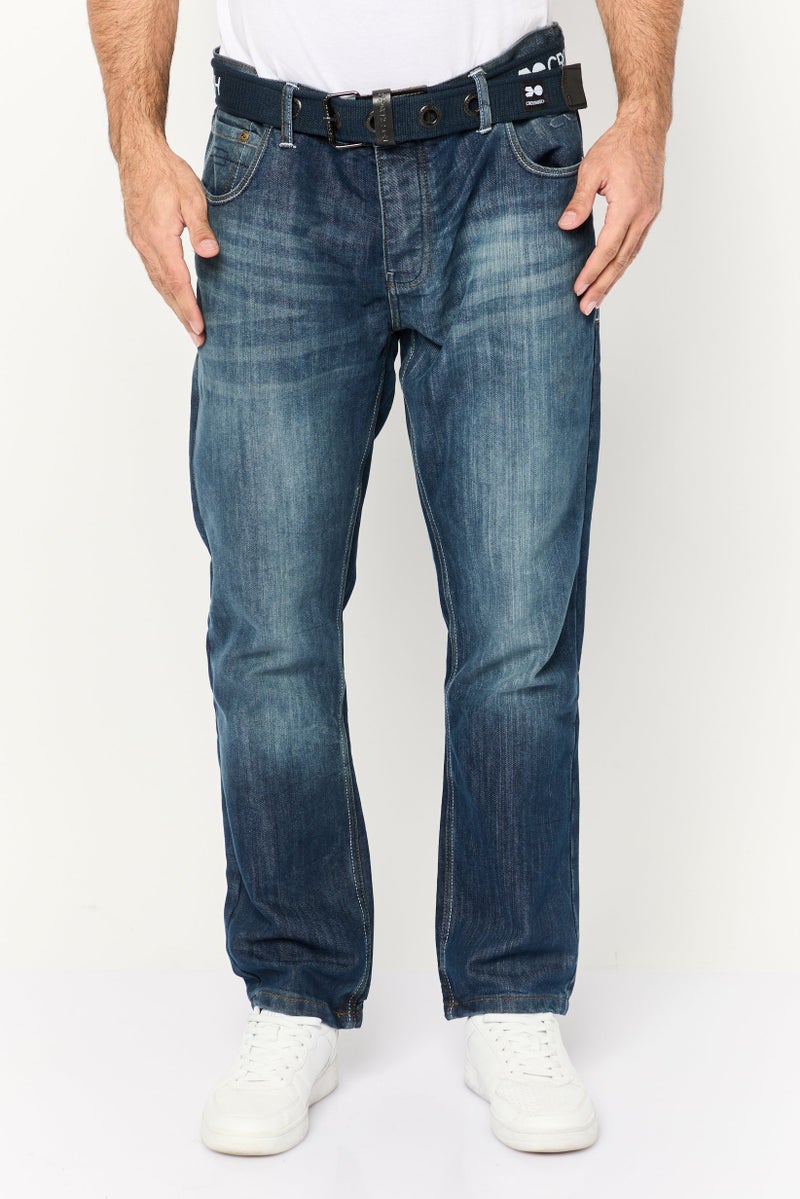CROSSHATCH Men Straight Fit Washed No Stretch Denim With Belt, Dark Blue - Image 1