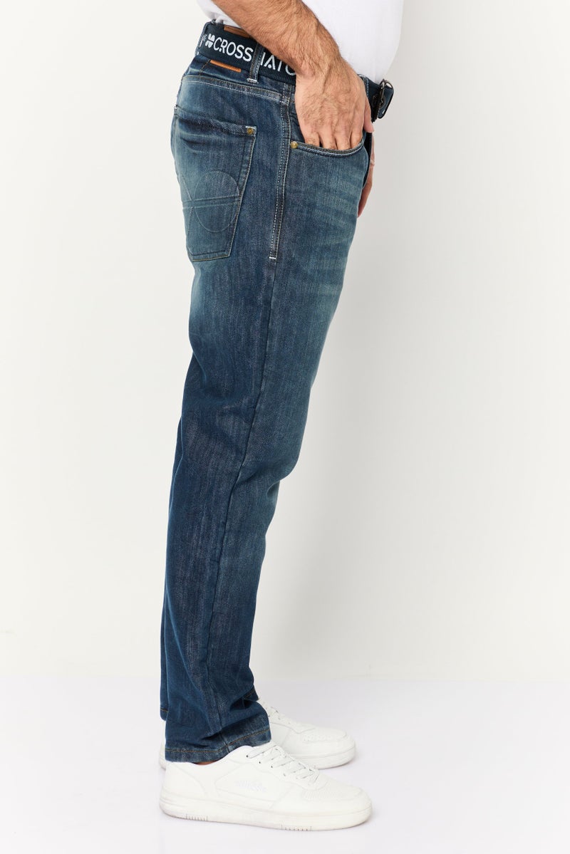 CROSSHATCH Men Straight Fit Washed No Stretch Denim With Belt, Dark Blue - Image 3