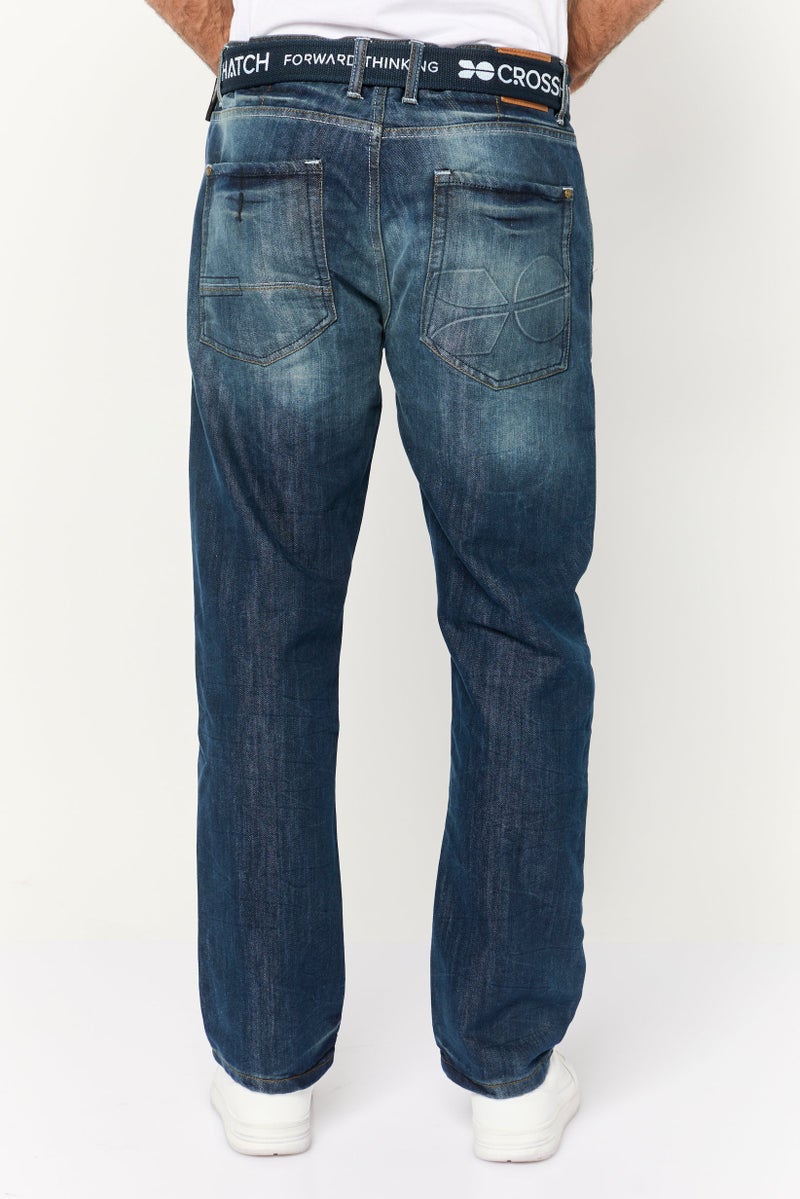 CROSSHATCH Men Straight Fit Washed No Stretch Denim With Belt, Dark Blue - Image 4