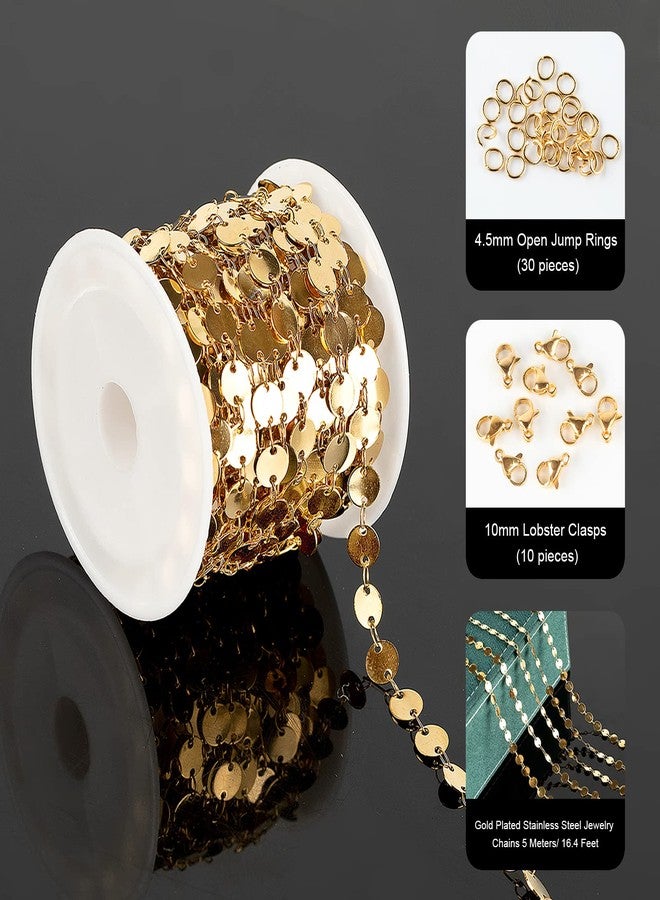 UMAOKANG Gold Plated Jewelry Making Chain Bulk, 304 Stainless Steel Necklace Chains for Jewelry Making, Flat Circle Link Chain Roll with Jump Rings and Lobster Clasps - Image 2