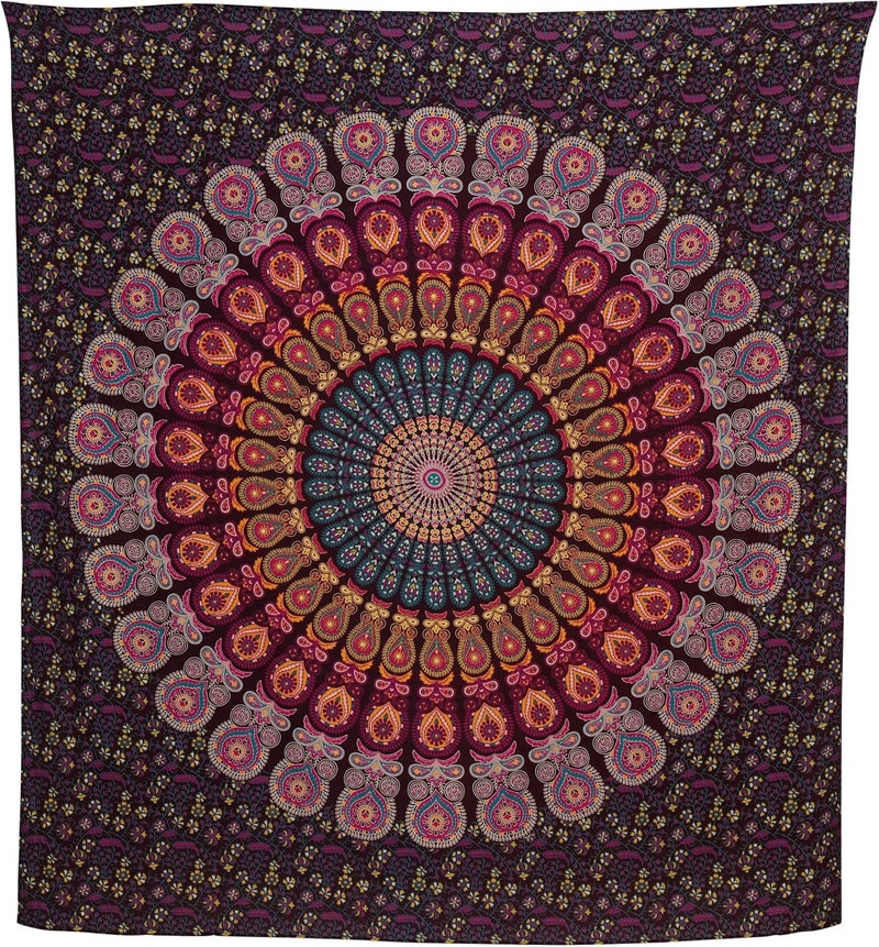 Bless International Handmade Indian hippie Bohemian Psychedelic Peacock Mandala Wall hanging College Dorm Beach Throws Table Cloth Bedding Tapestry (Golden Pink Blue, Queen(84x90Inches)(215x230Cms)) - Image 4