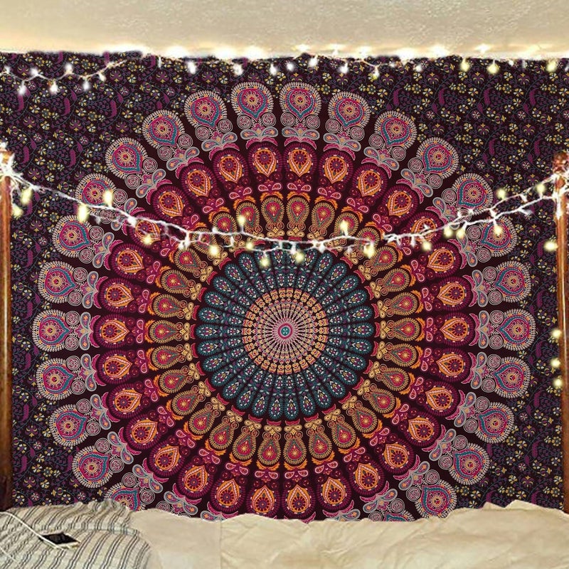 Bless International Handmade Indian hippie Bohemian Psychedelic Peacock Mandala Wall hanging College Dorm Beach Throws Table Cloth Bedding Tapestry (Golden Pink Blue, Queen(84x90Inches)(215x230Cms)) - Image 5