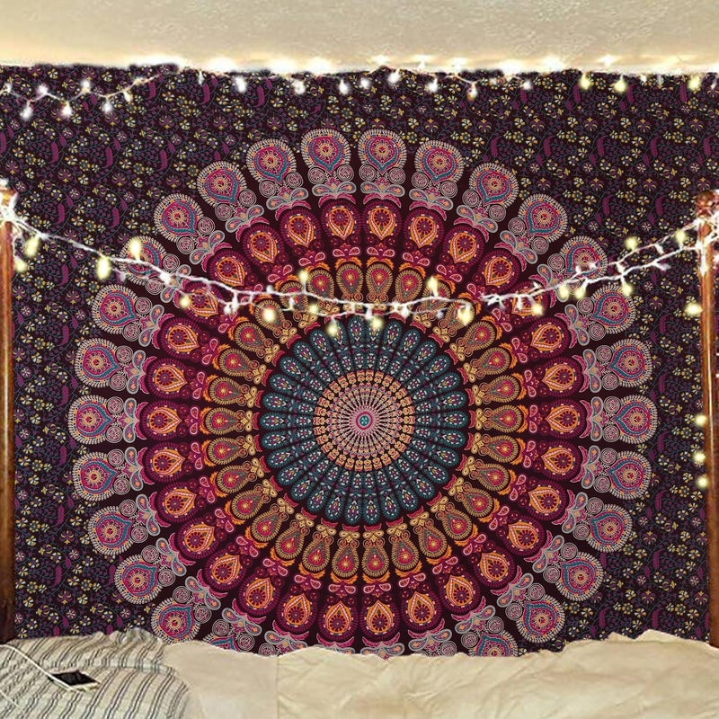 Bless International Handmade Indian hippie Bohemian Psychedelic Peacock Mandala Wall hanging College Dorm Beach Throws Table Cloth Bedding Tapestry (Golden Pink Blue, Queen(84x90Inches)(215x230Cms)) - Image 1