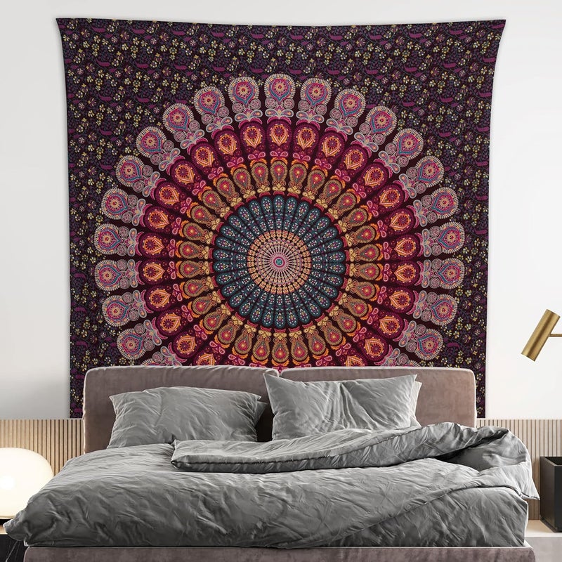 Bless International Handmade Indian hippie Bohemian Psychedelic Peacock Mandala Wall hanging College Dorm Beach Throws Table Cloth Bedding Tapestry (Golden Pink Blue, Queen(84x90Inches)(215x230Cms)) - Image 2