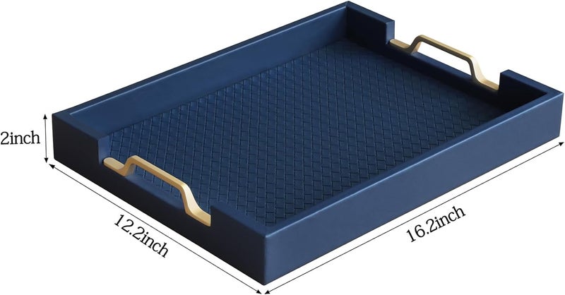 HofferRuffer Faux Leather Rectangle Serving Tray Decor Platter with Gold Metal Handles for Coffee Table Breakfast Tea Food Countertop Kitchen Butler Tray 162 x 122 x 2 inches Navy Blue - Image 2