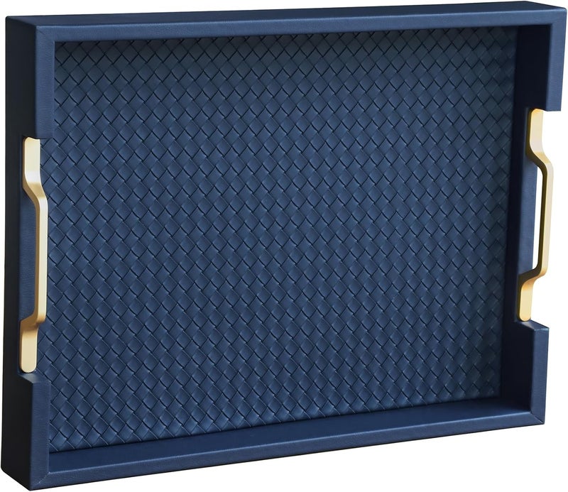 HofferRuffer Faux Leather Rectangle Serving Tray Decor Platter with Gold Metal Handles for Coffee Table Breakfast Tea Food Countertop Kitchen Butler Tray 162 x 122 x 2 inches Navy Blue - Image 1
