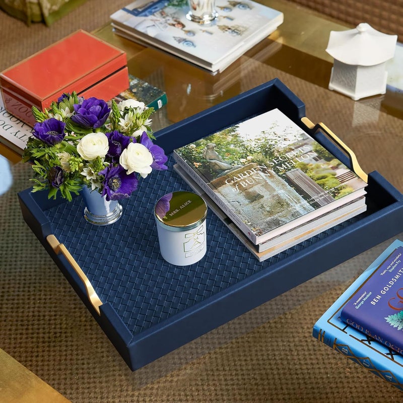 HofferRuffer Faux Leather Rectangle Serving Tray Decor Platter with Gold Metal Handles for Coffee Table Breakfast Tea Food Countertop Kitchen Butler Tray 162 x 122 x 2 inches Navy Blue - Image 3