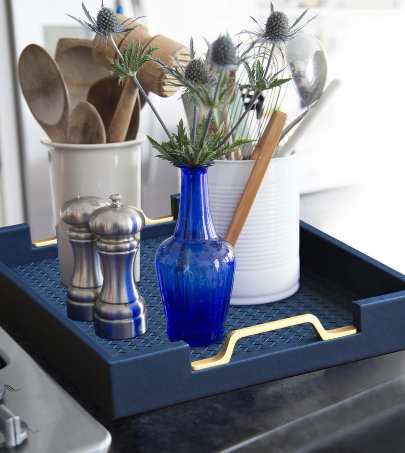 HofferRuffer Faux Leather Rectangle Serving Tray Decor Platter with Gold Metal Handles for Coffee Table Breakfast Tea Food Countertop Kitchen Butler Tray 162 x 122 x 2 inches Navy Blue - Image 4