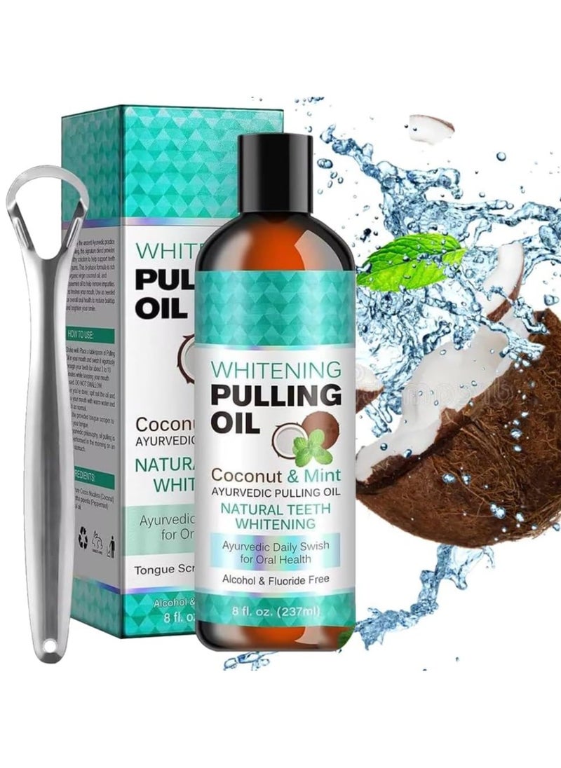 ORALHOE - Whitening Pulling Oil coconut oil mouth water natural whitening oil pulling Mouthwash 8 Fl oz cleaning plaque reducing mixture remove the tartar and plaque -tongue -tongue scrap and measuring cup - Image 1