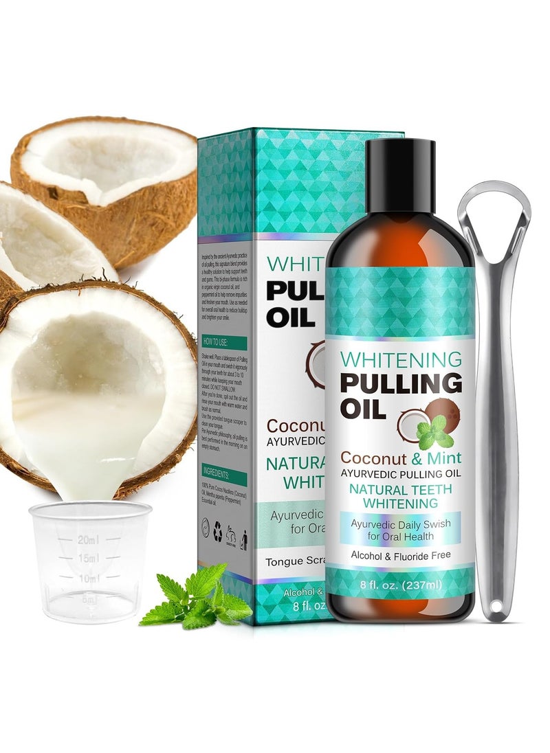 ORALHOE - Whitening Pulling Oil coconut oil mouth water natural whitening oil pulling Mouthwash 8 Fl oz cleaning plaque reducing mixture remove the tartar and plaque -tongue -tongue scrap and measuring cup - Image 1