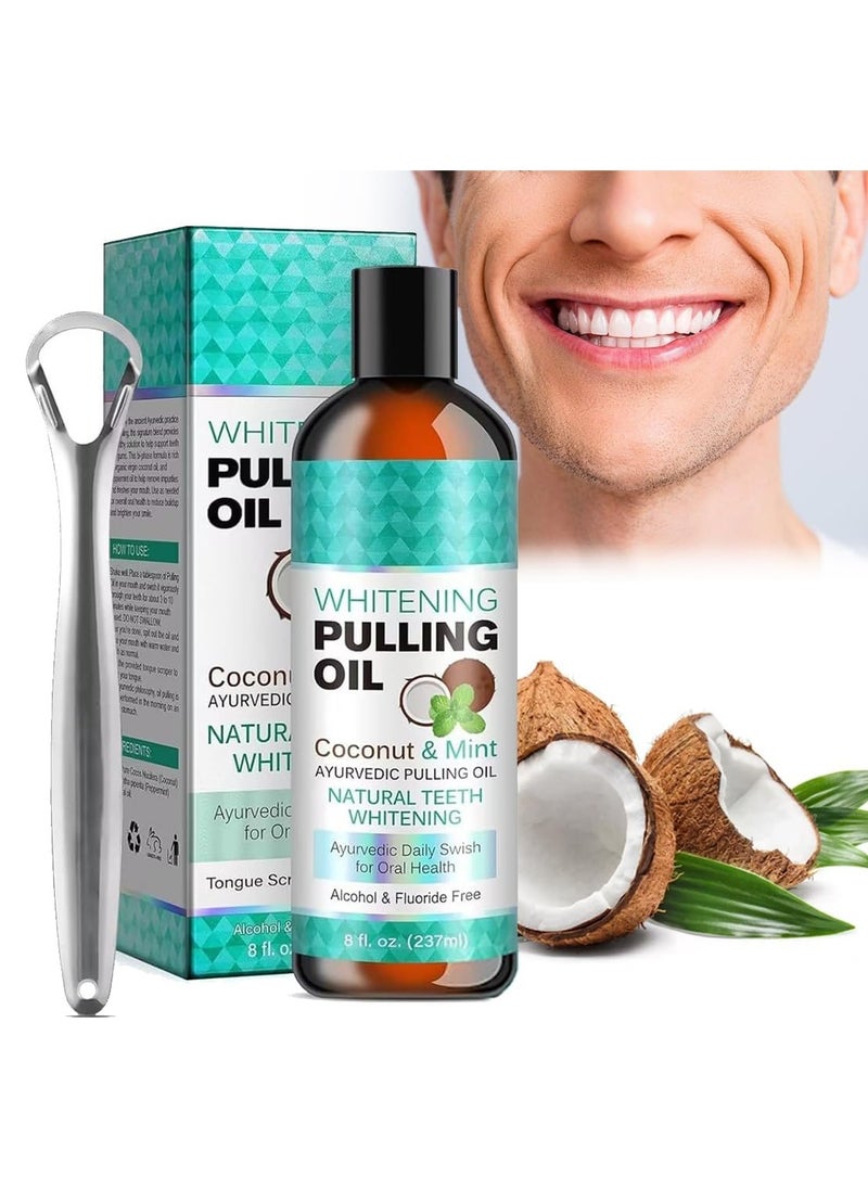 ORALHOE - Whitening Pulling Oil coconut oil mouth water natural whitening oil pulling Mouthwash 8 Fl oz cleaning plaque reducing mixture remove the tartar and plaque -tongue -tongue scrap and measuring cup - Image 1