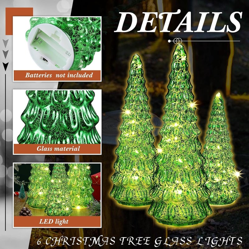 Riakrum 6 Pcs Green Mercury Glass Christmas Tree Glass Christmas Tabletop Decoration Lighted Assorted Xmas Tree with Light Battery Operated Figurine Ornament for Window Table CenterpiecesElegant - Image 3