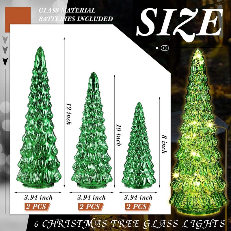 Riakrum 6 Pcs Green Mercury Glass Christmas Tree Glass Christmas Tabletop Decoration Lighted Assorted Xmas Tree with Light Battery Operated Figurine Ornament for Window Table CenterpiecesElegant - Image 2