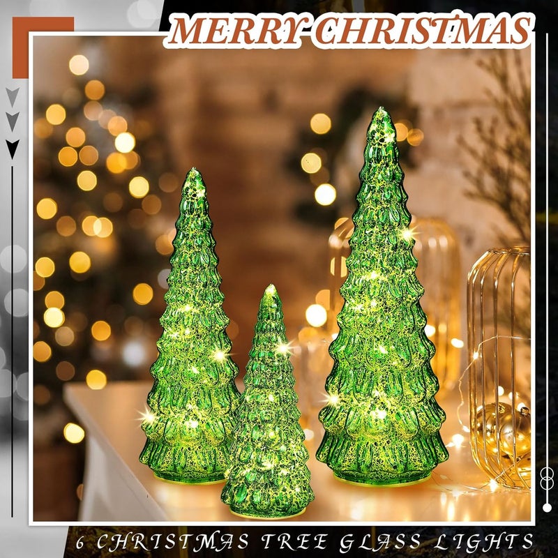 Riakrum 6 Pcs Green Mercury Glass Christmas Tree Glass Christmas Tabletop Decoration Lighted Assorted Xmas Tree with Light Battery Operated Figurine Ornament for Window Table CenterpiecesElegant - Image 5