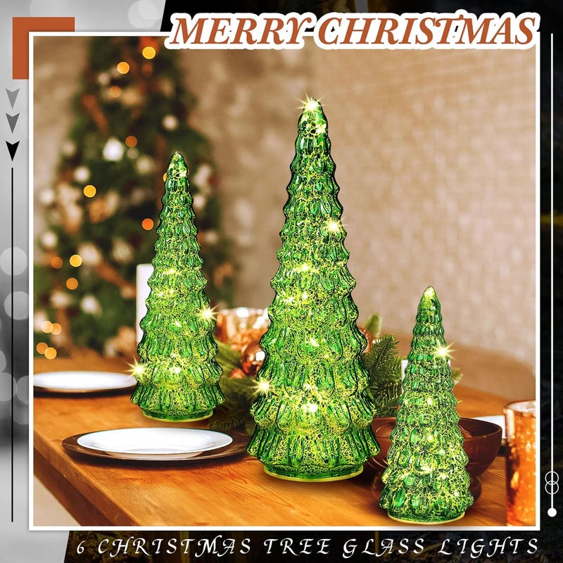 Riakrum 6 Pcs Green Mercury Glass Christmas Tree Glass Christmas Tabletop Decoration Lighted Assorted Xmas Tree with Light Battery Operated Figurine Ornament for Window Table CenterpiecesElegant - Image 4
