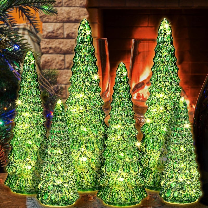 Riakrum 6 Pcs Green Mercury Glass Christmas Tree Glass Christmas Tabletop Decoration Lighted Assorted Xmas Tree with Light Battery Operated Figurine Ornament for Window Table CenterpiecesElegant - Image 1