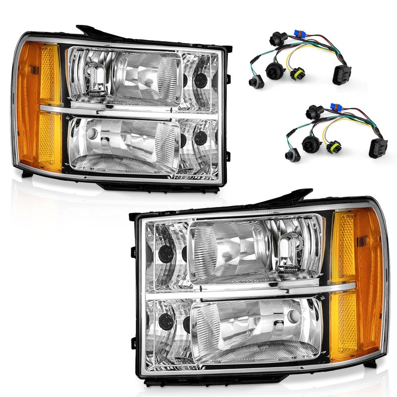 WEELMOTO for 20072013 Sierra Headlights for 0713 GMC Sierra 15000714 Sierra 2500 HD 3500 HD Headlamp Chrome Housing Amber Reflector LeftRight wiring harness included