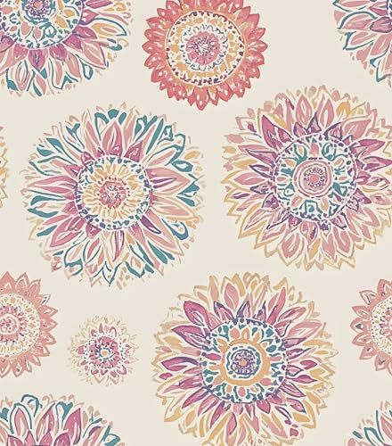 Laatse Beige Boho Wallpaper Peel and Stick Vintage Circle Floral Contact Paper 175 x 393 Abstact Retro BluePink Flower Wall Paper Self Adhesive Removable Waterproof for Walls Shelves Cabinet Table - Image 1