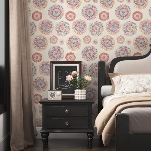 Laatse Beige Boho Wallpaper Peel and Stick Vintage Circle Floral Contact Paper 175 x 393 Abstact Retro BluePink Flower Wall Paper Self Adhesive Removable Waterproof for Walls Shelves Cabinet Table - Image 3