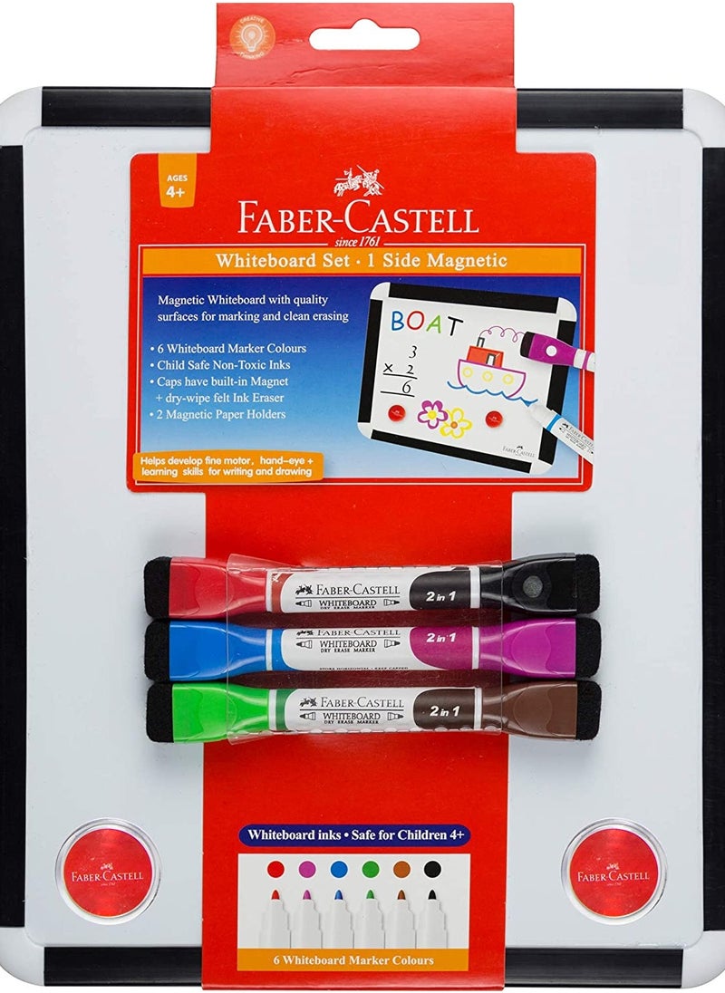 FABER-CASTELL - Faber-Castell Dry-wipe Whiteboard (30X25Cm) + 3 Bi-Colour Markers=6 Colours, Child Safe Non-Toxic Inks, Caps Have Built-In Magnet, Dry-Wipe Felt Ink Eraser, + 2Magnetic Paper Holders - Image 1