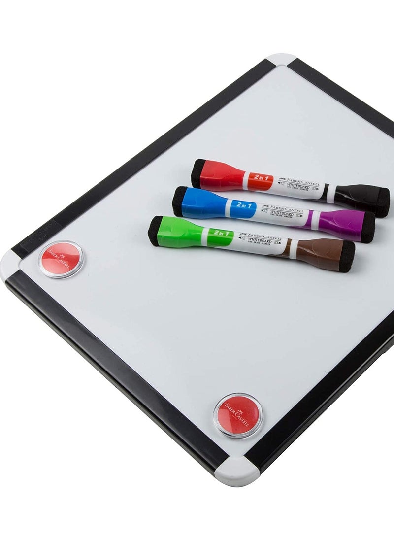 FABER-CASTELL - Faber-Castell Dry-wipe Whiteboard (30X25Cm) + 3 Bi-Colour Markers=6 Colours, Child Safe Non-Toxic Inks, Caps Have Built-In Magnet, Dry-Wipe Felt Ink Eraser, + 2Magnetic Paper Holders - Image 1