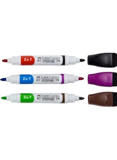 FABER-CASTELL Faber-Castell Dry-wipe Whiteboard (30X25Cm) + 3 Bi-Colour Markers=6 Colours, Child Safe Non-Toxic Inks, Caps Have Built-In Magnet, Dry-Wipe Felt Ink Eraser, + 2Magnetic Paper Holders  - Image 3