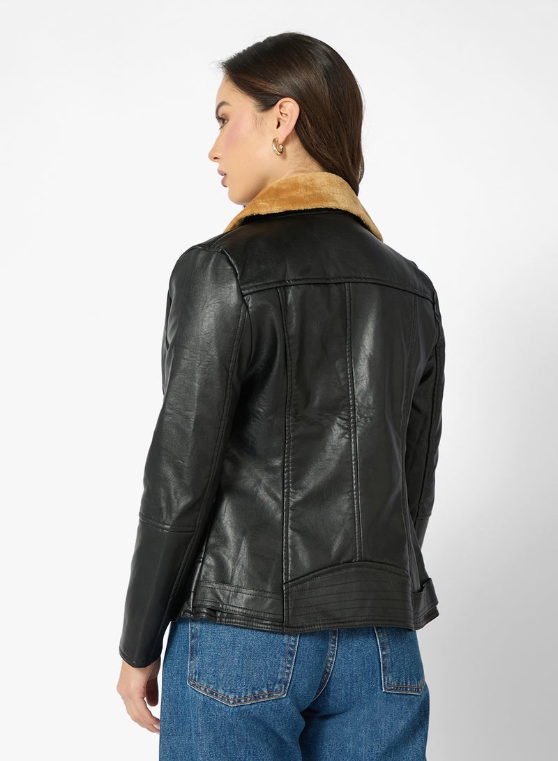 جينجر جاكيت جلد صناعي بتفاصيل بورج - Image 2