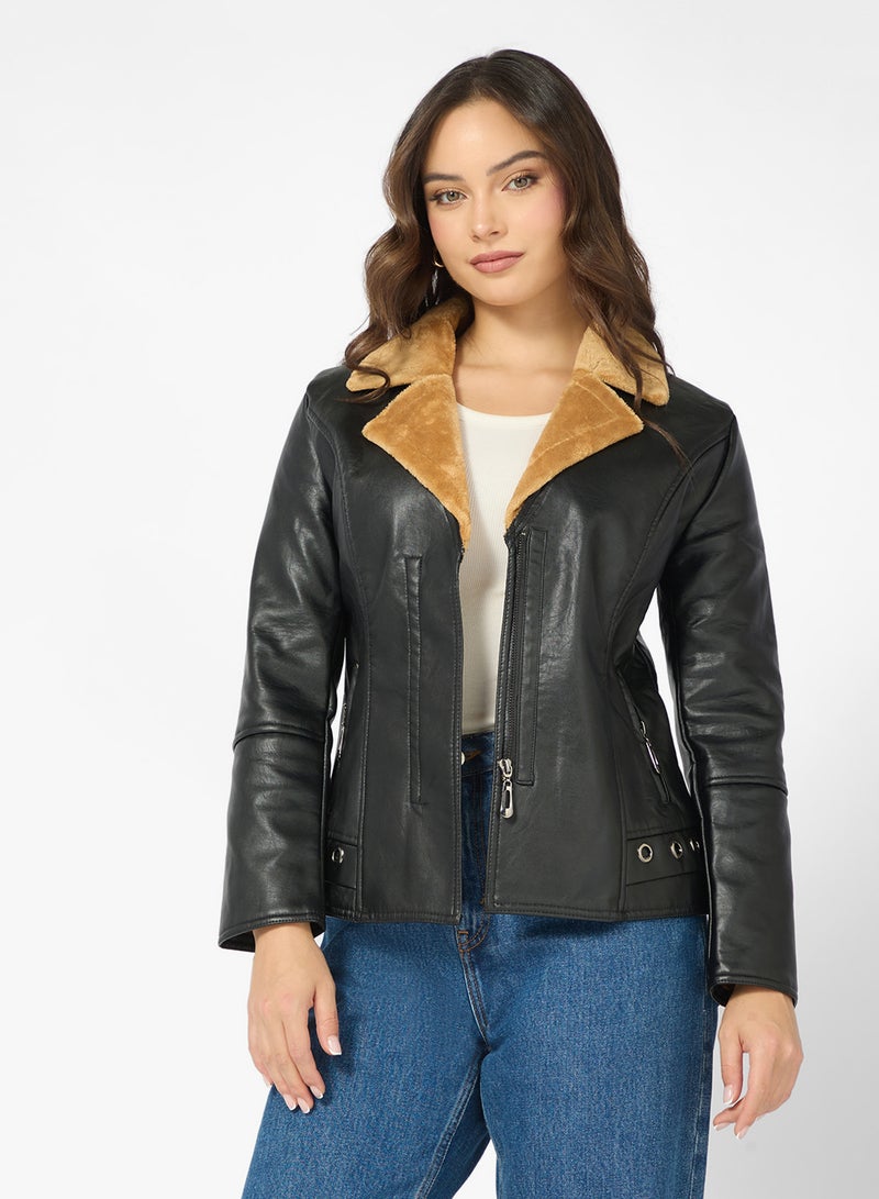 جينجر جاكيت جلد صناعي بتفاصيل بورج - Image 1