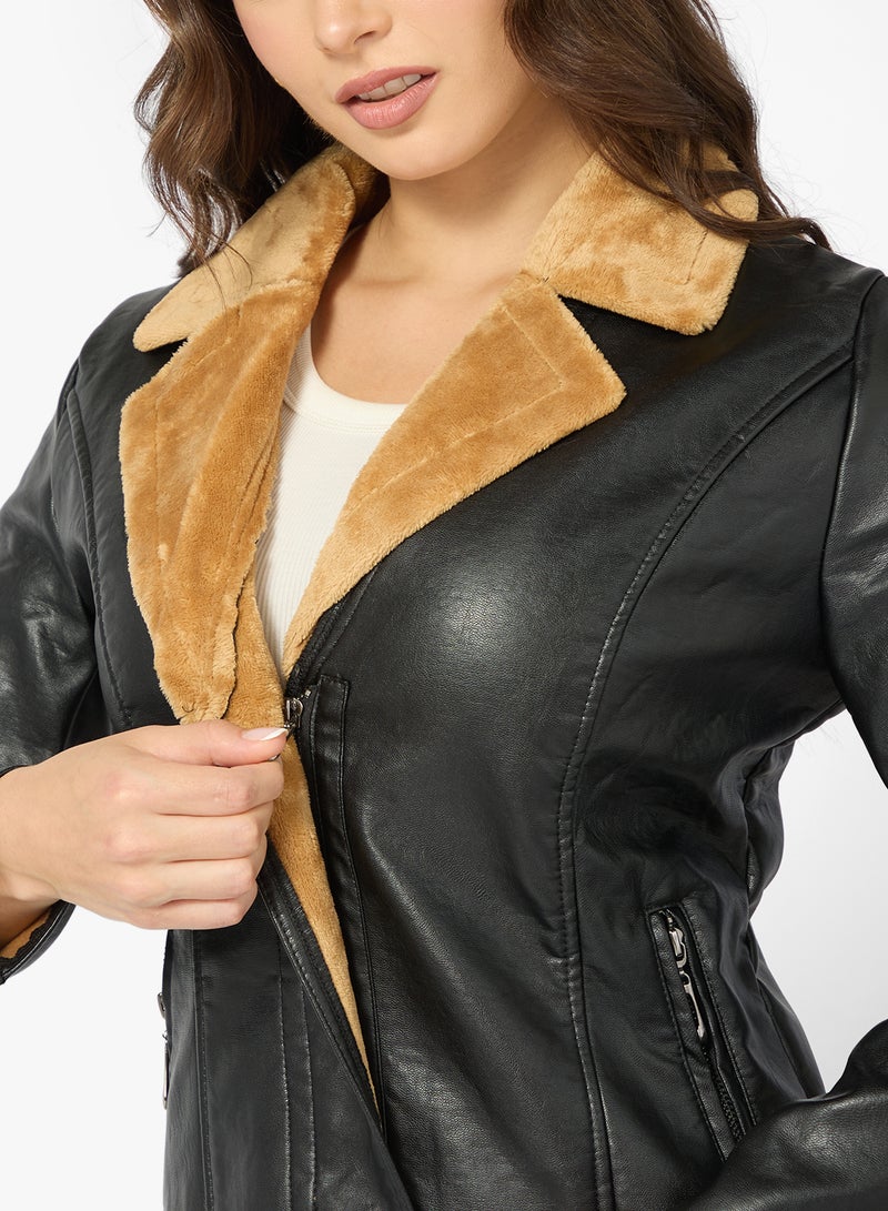 جينجر جاكيت جلد صناعي بتفاصيل بورج - Image 3