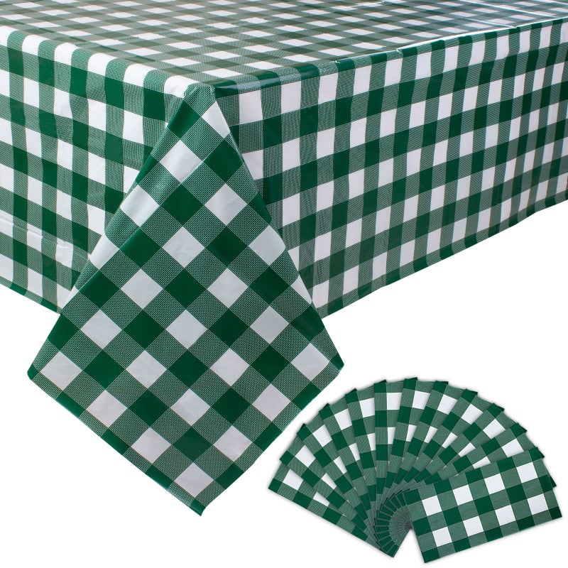 Kesfey 12 Packs Green and White Checkered Tablecloths Party Picnic Disposable Table Covers 54 ? 108 Inches Splashproof Plastic Checkered Gingham Tablecover for Outdoor Dinners Party Retro Celebrations - Image 1