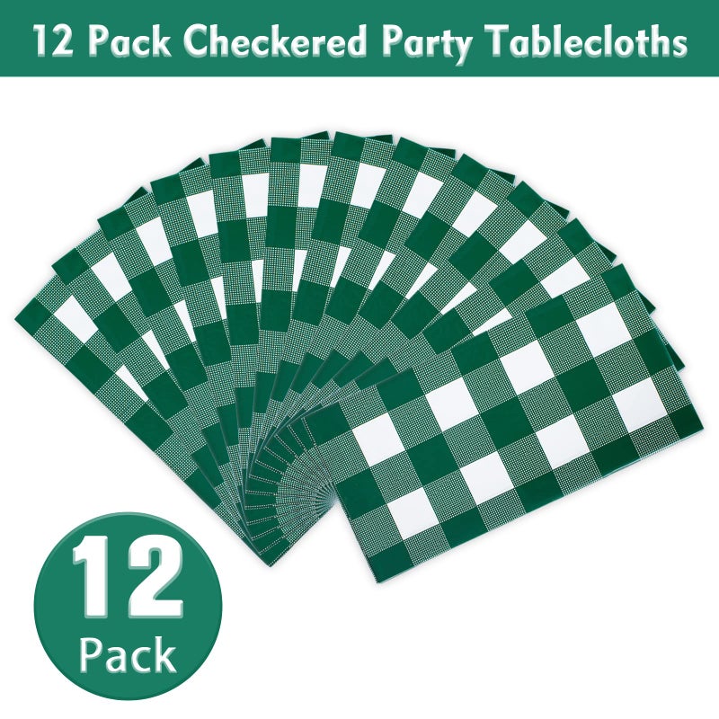 Kesfey 12 Packs Green and White Checkered Tablecloths Party Picnic Disposable Table Covers 54 ? 108 Inches Splashproof Plastic Checkered Gingham Tablecover for Outdoor Dinners Party Retro Celebrations - Image 2